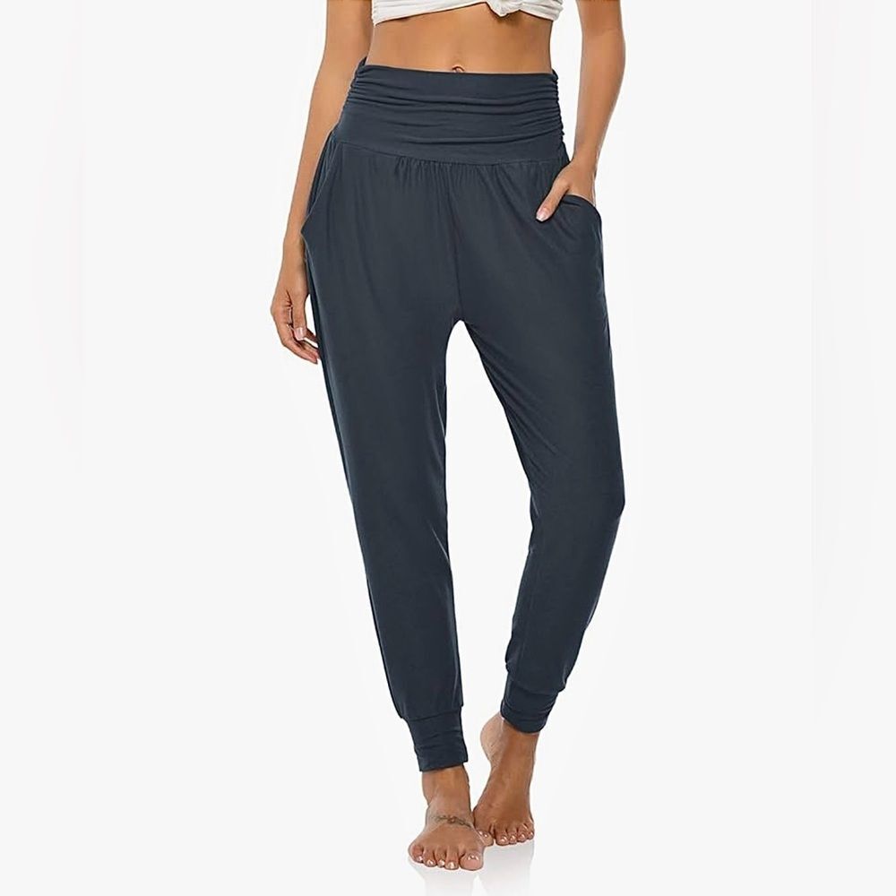 High Rise Athleisure Pants Elastic Waist Joggers Pockets Melanite Gray